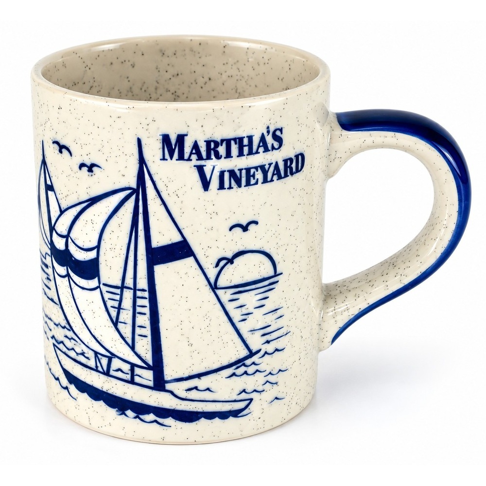 Martha's Vineyard Coffee Mug Sailboat Nautical Speckled Ceramic Blue Cream